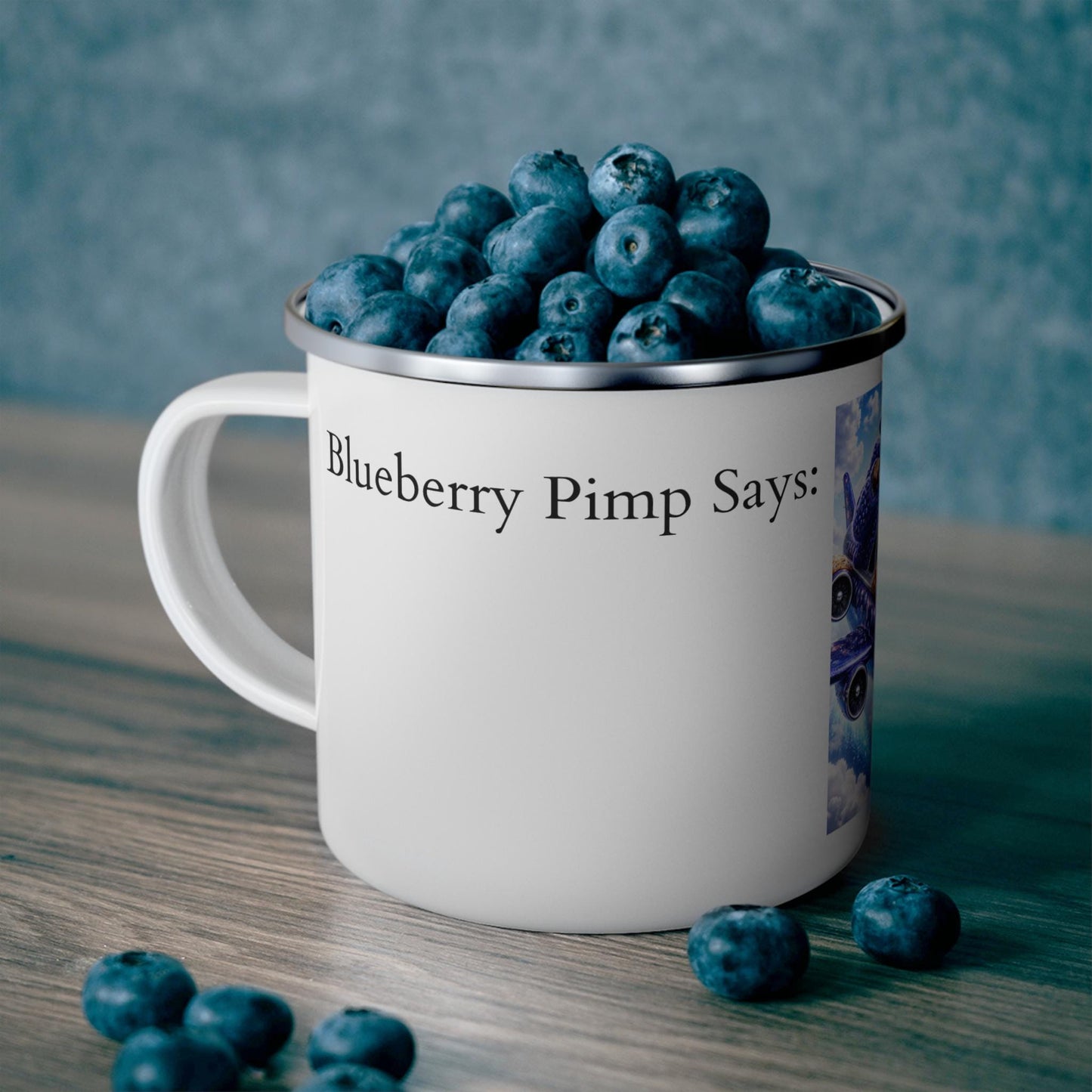 Blueberry Pimp Airplane Artwork Enamel Mug | Fly High Baby phrase