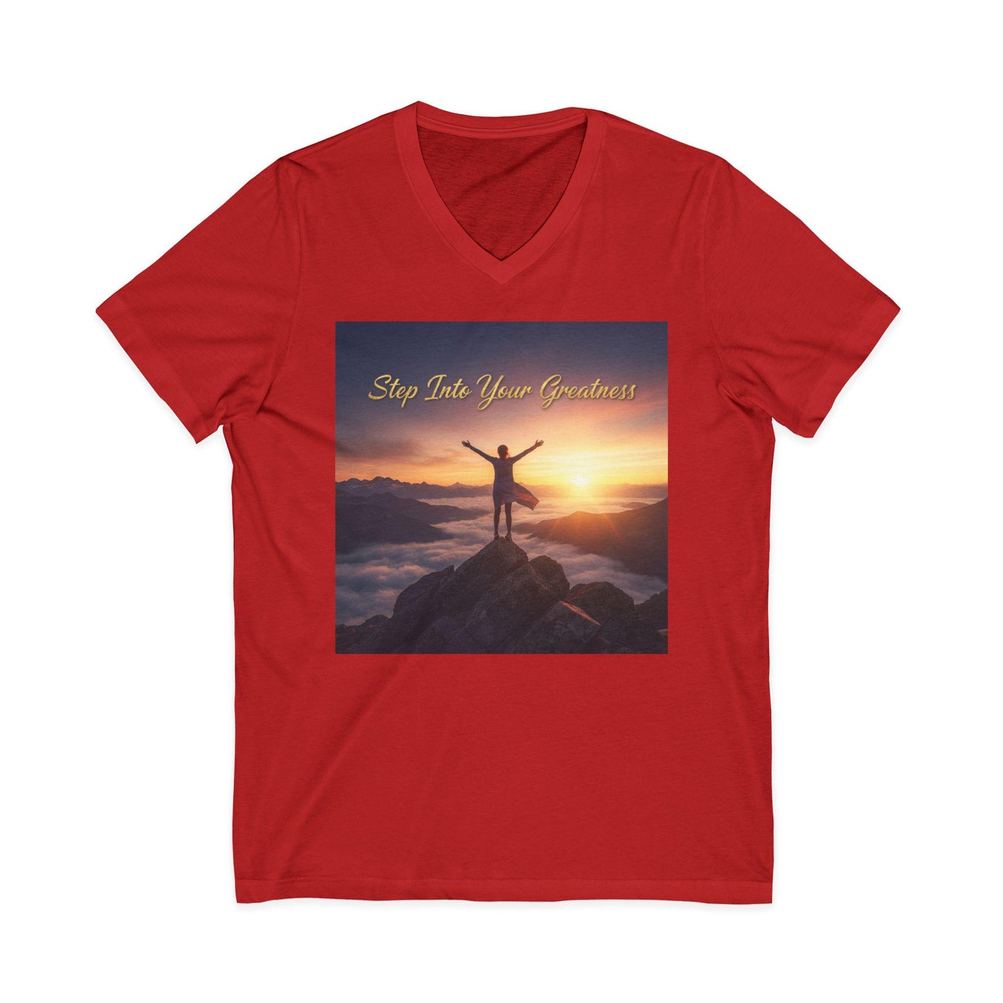 Step Into Your Greatness V-Neck Tee | Inspirational Sunrise Mountain Design