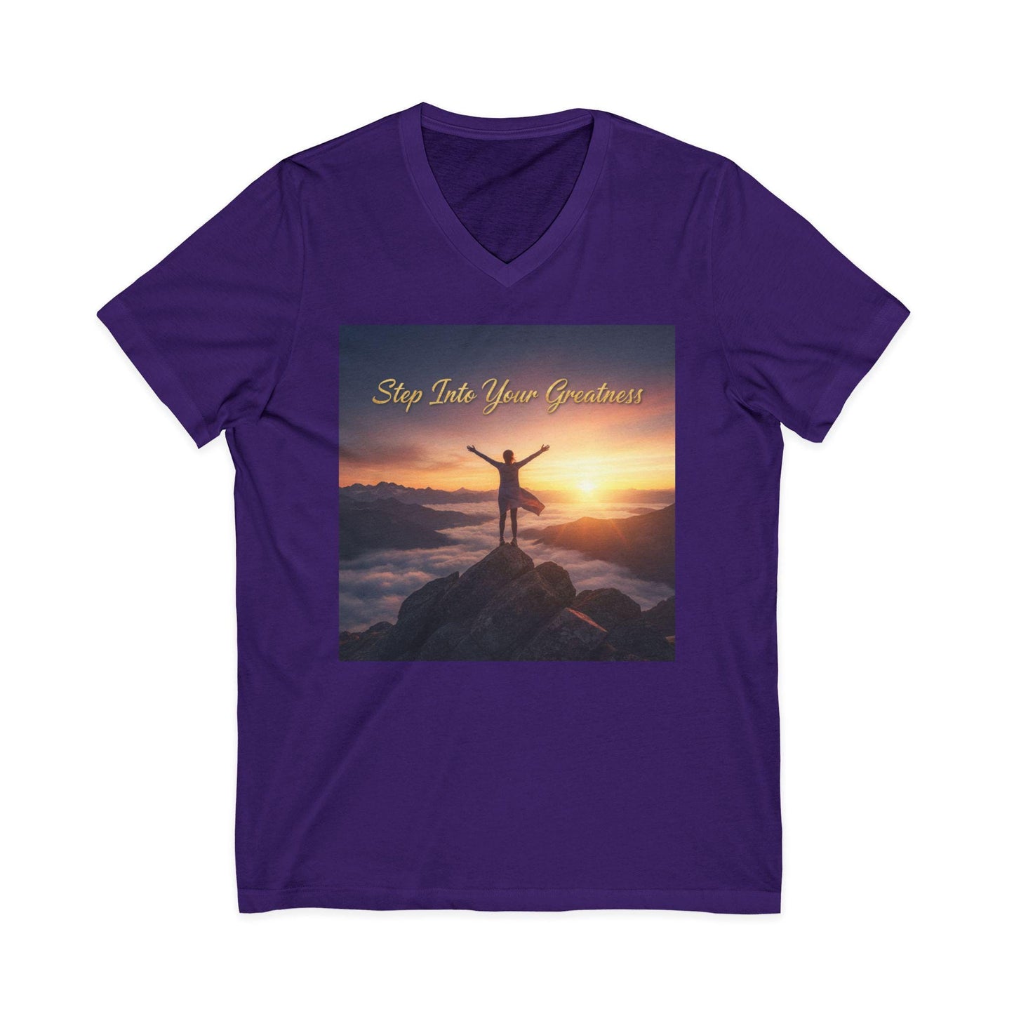 Step Into Your Greatness V-Neck Tee | Inspirational Sunrise Mountain Design