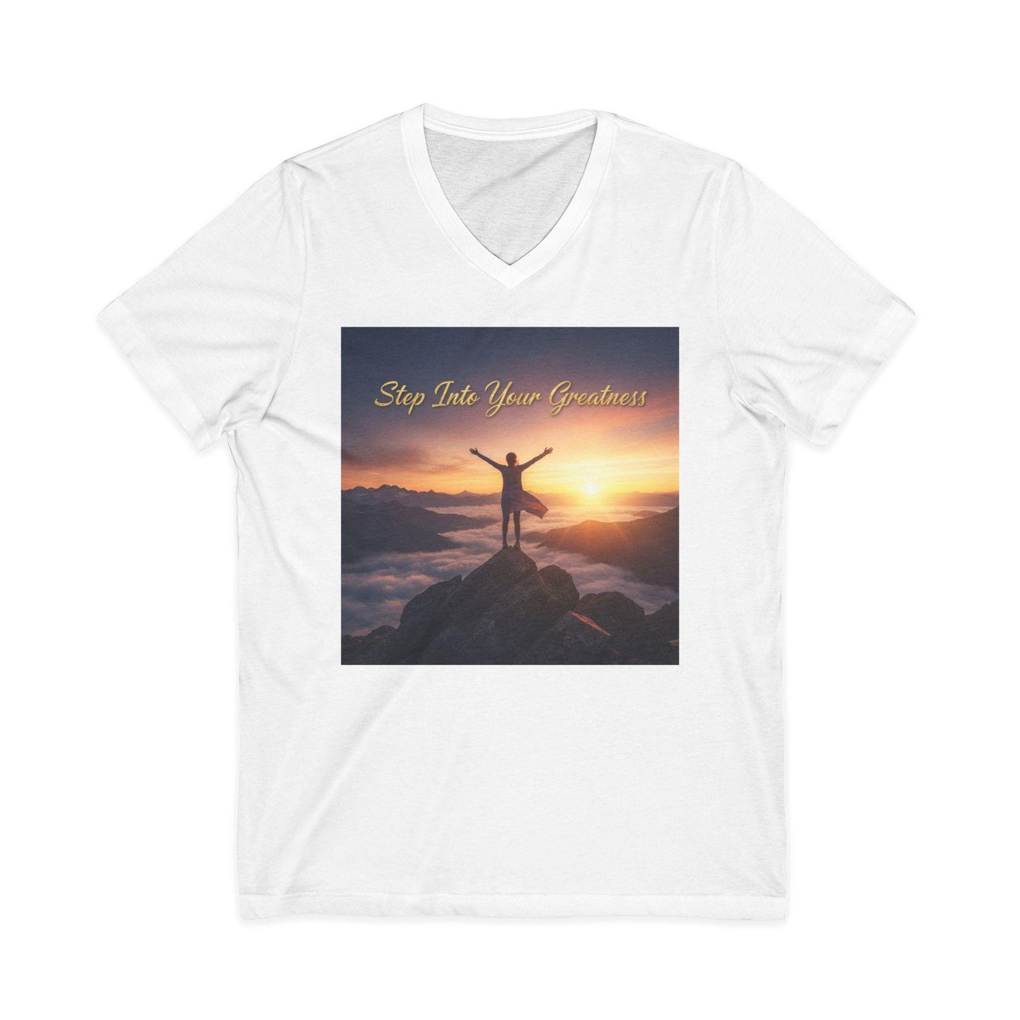 Step Into Your Greatness V-Neck Tee | Inspirational Sunrise Mountain Design