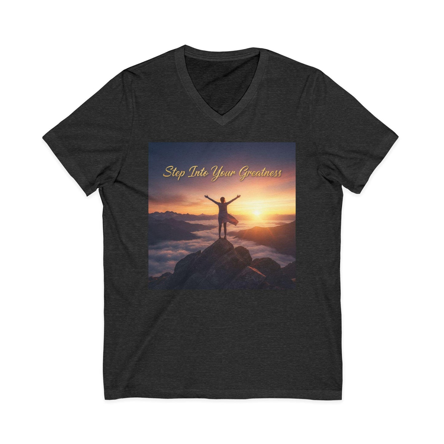 Step Into Your Greatness V-Neck Tee | Inspirational Sunrise Mountain Design