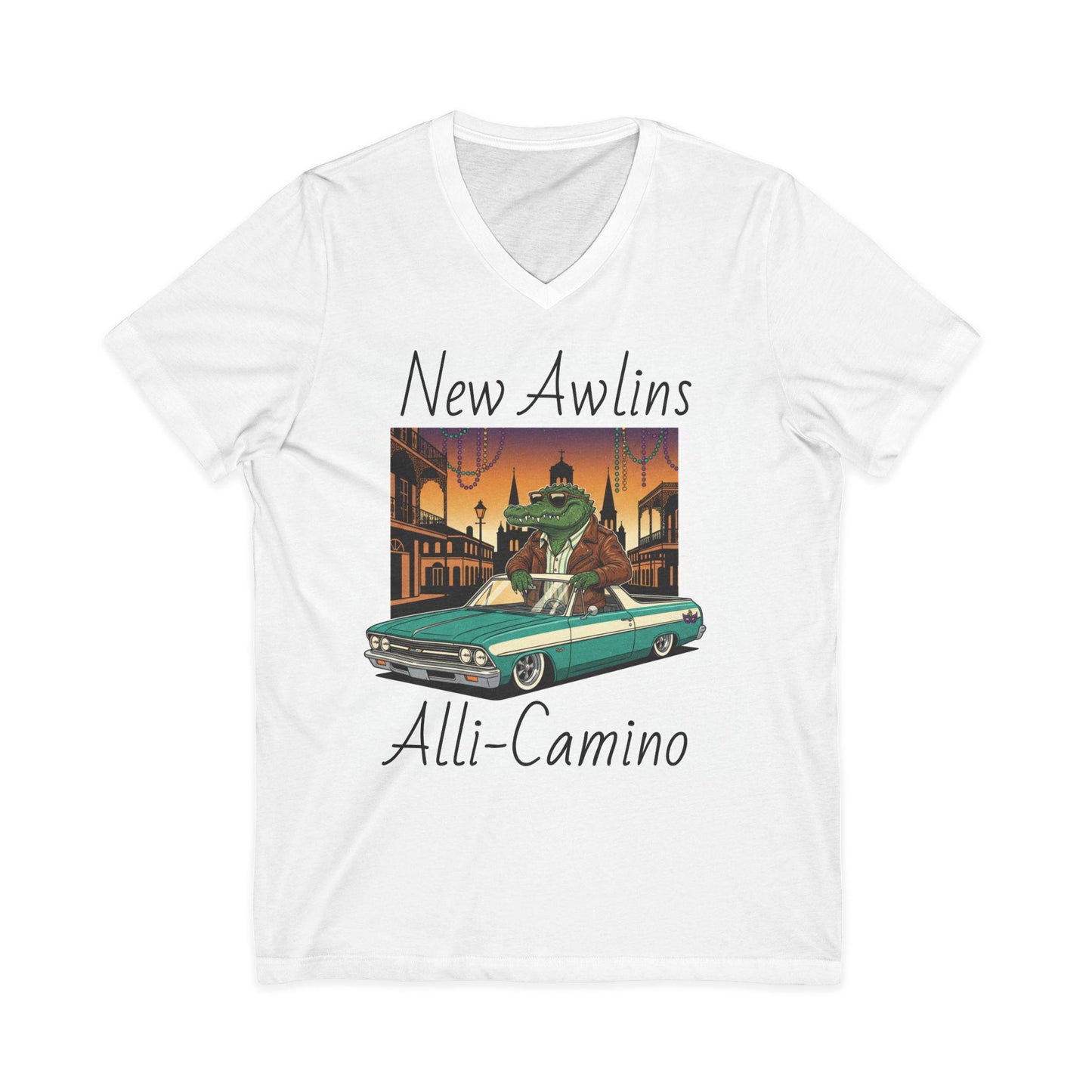New Awlins Alli-Camino V-Neck Tee | Vintage Car, New Orleans Street Scene