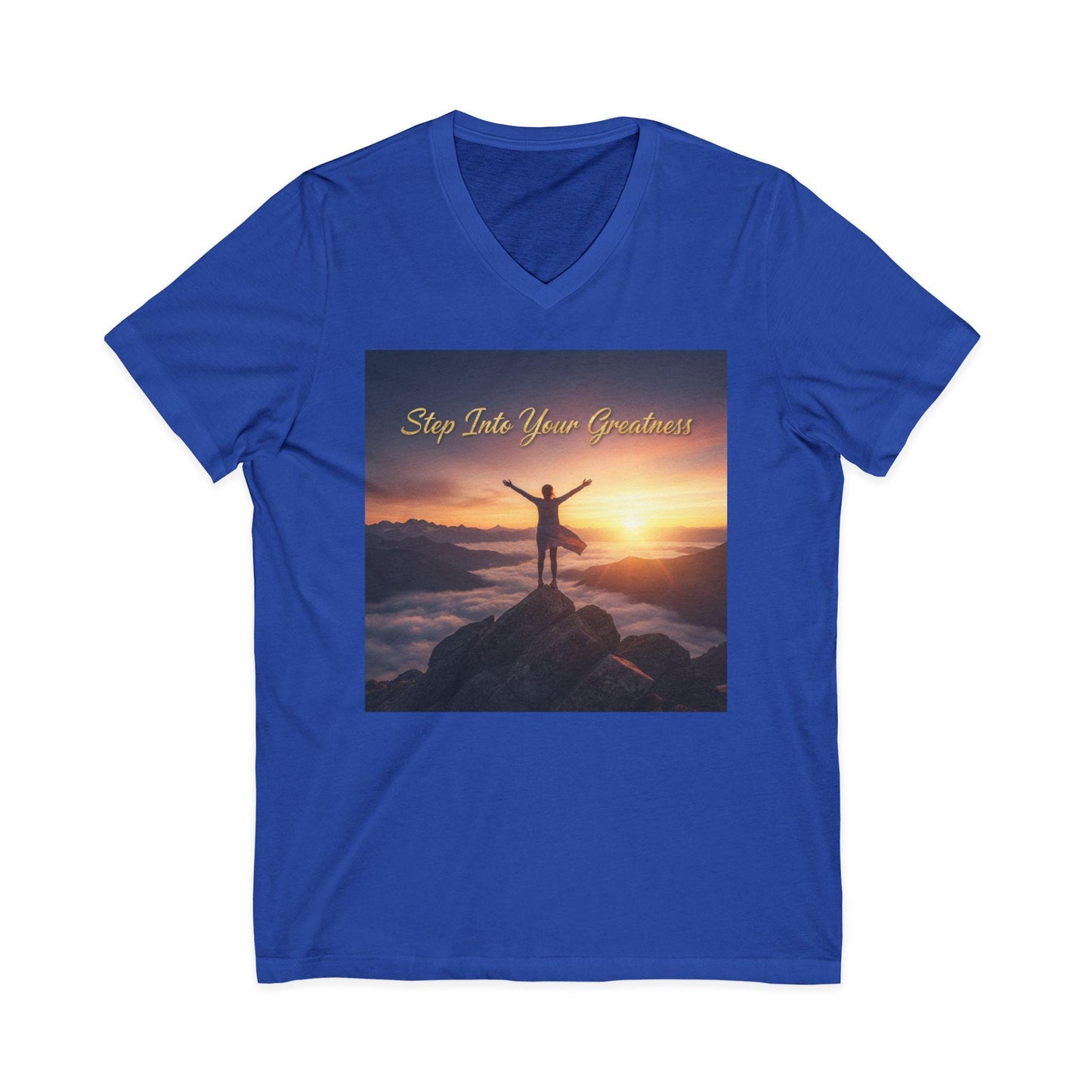 Step Into Your Greatness V-Neck Tee | Inspirational Sunrise Mountain Design