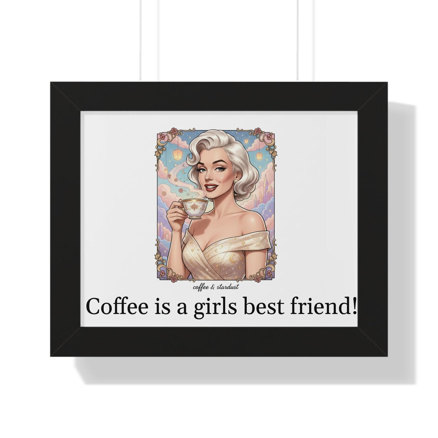 Retro Pinup Woman with Coffee Framed Horizontal Poster | Coffee Decor